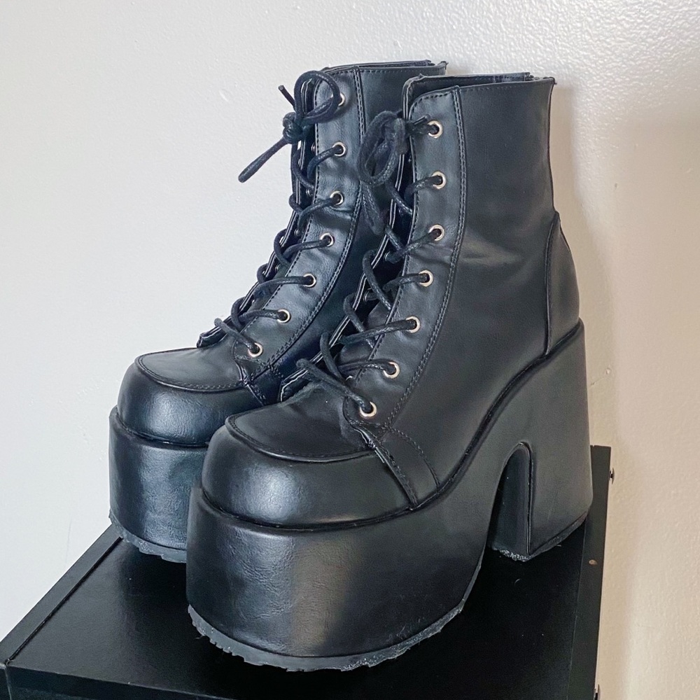 Demonia “Camel” Black Platform Heel Boots